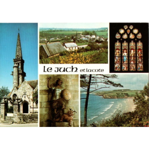 Finistère (29) - Le Juch (29), CPM, vue globale, l'église N-D du Juch, vitrail, St-Michel terrassant le diable & la cote