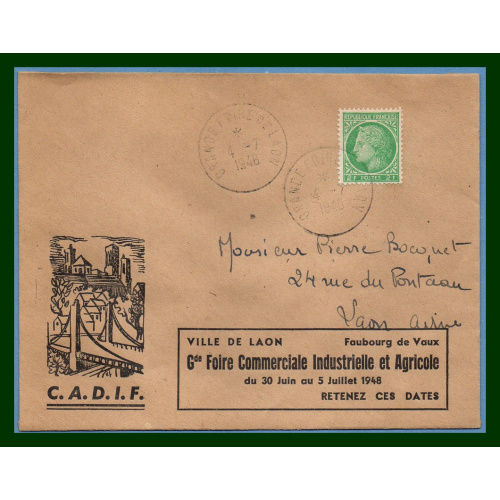 France BT Grande Foire de LAON (02) 1948 / N° 680 Seul sur lettre Cérès de Mazelin , Bureau Temporaire