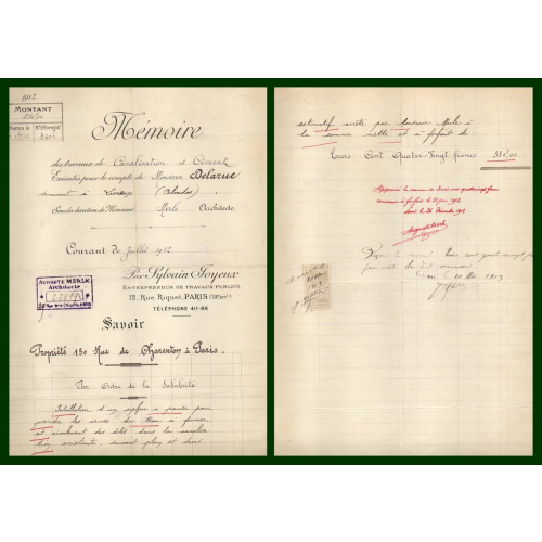 France Timbre Fiscal / Mémoire Travaux Publics Sylvain Joyeux 12 rue Riquet Paris 19e 1912France Timbre