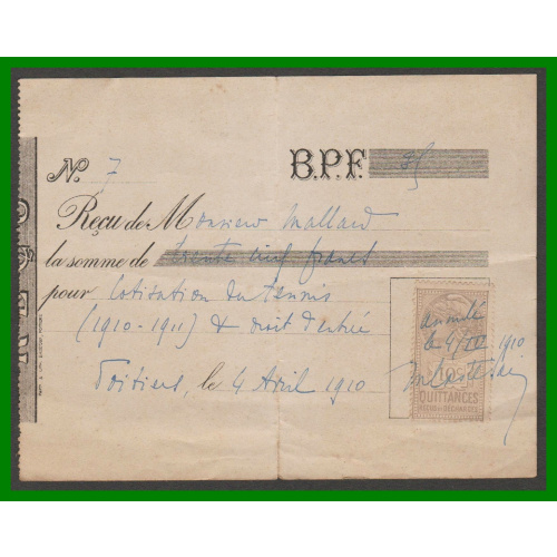 France Timbre Fiscal 10c Quittances / Reçu Location du Tennis POITIERS 1910