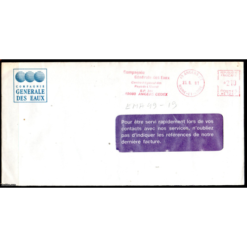 Dept 49 (Maine et Loire) ANGERS CT 1991 > EMA 2,10 Compagnie Generale Des Eaux