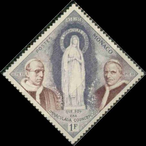 Monaco 1958 - EApparitions de Lourdes, Papes Pie IX & XII et statue, neuf sans gomme - YT 492 *