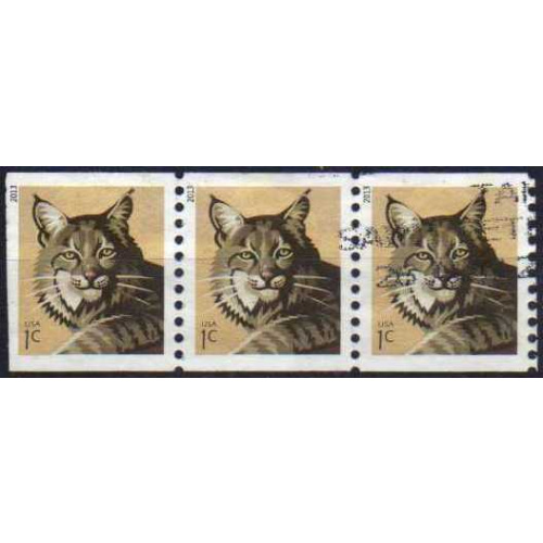 É-U.A/U.S.A 2013 - Lynx/bobcat, roulette, dentelé 9¾ Vert., bande de 3 - YT 4633A °