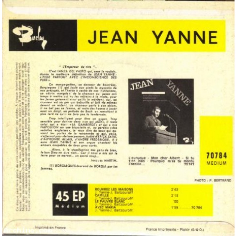 EP 45 RPM (7") Jean Yanne " Rouvrez les maisons "