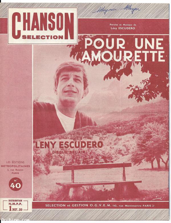Partition ChansoN selection Pour une amourette Leny Escudero année 1962 (rare)